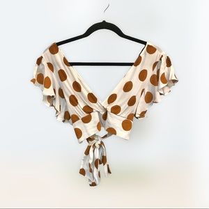 Vneck cropped top, brown and white polka dots